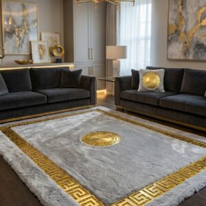 Luxury Γουνινο χαλι με χρυσα Laser μοτιβα ΓΚΡΙ
