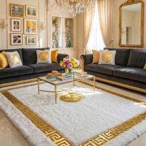 Luxury Γουνινο χαλι με χρυσα Laser μοτιβα ΛΕΥΚΟ